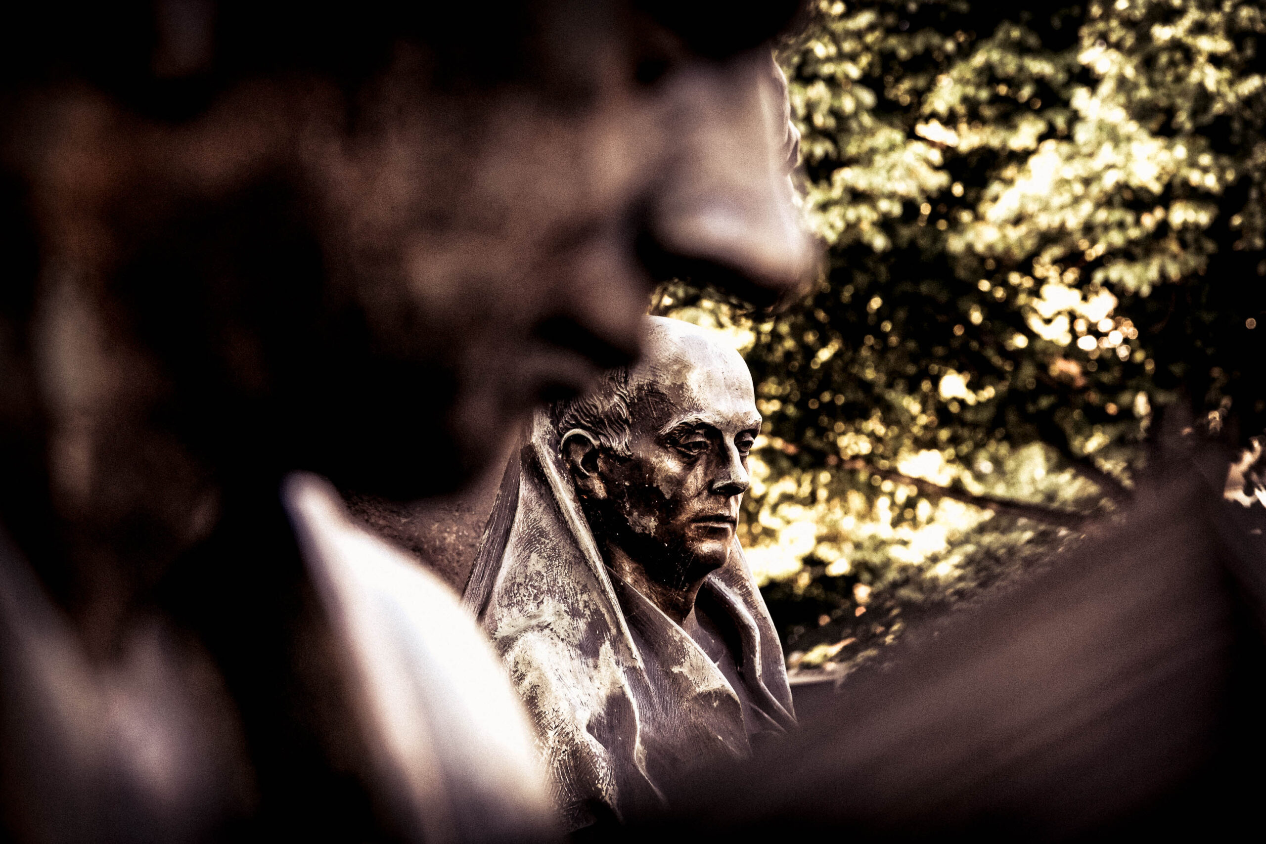 Das Bild zeigt eine Bronzestatue eines Mannes, vermutlich eine historische Persönlichkeit, vor einem Hintergrund aus Laub. Die Statue ist im Detail dargestellt, mit sichtbaren Falten und einem ernsten Gesichtsausdruck. Das Laub im Hintergrund ist unscharf und erzeugt einen kontrastreichen Hintergrund, der die Statue hervorhebt. Die Beleuchtung ist dramatisch, mit starken Schatten und Lichtern, die die Textur der Statue betonen. Der Gesamteindruck ist melancholisch und nachdenklich.