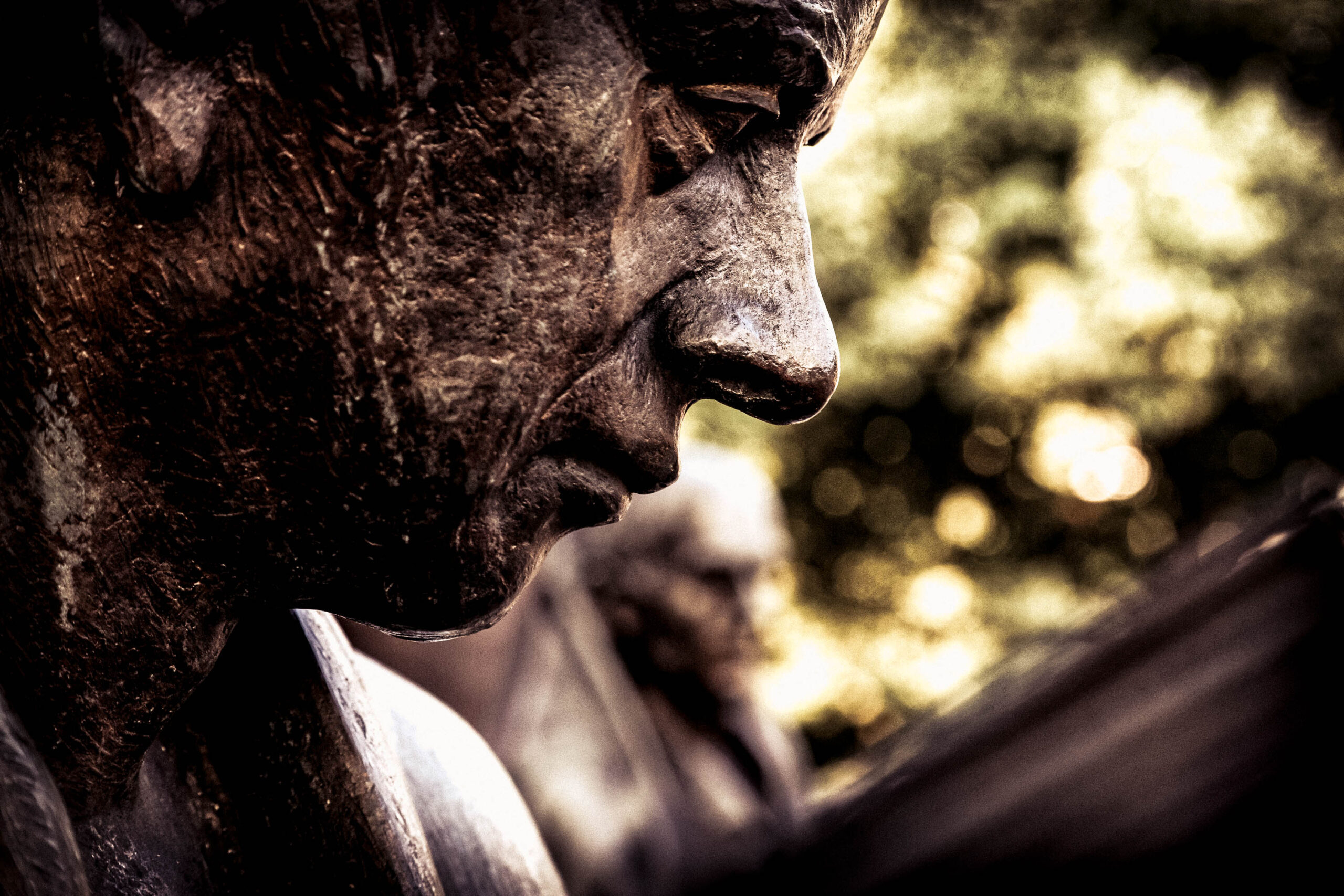 Das Bild zeigt eine detaillierte Nahaufnahme eines Porträts einer männlichen Statue im Profil. Die Statue ist aus Stein oder Bronze gefertigt und zeigt ein ernstes, nachdenkliches Gesicht. Die Beleuchtung ist dramatisch, mit starkem Kontrast zwischen Licht und Schatten, was die Gesichtszüge hervorhebt. Im Hintergrund sind verschwommene, grüne Blätter zu sehen, die einen natürlichen Kontext schaffen. Die Aufnahme ist in Hannover, Deutschland, entstanden.