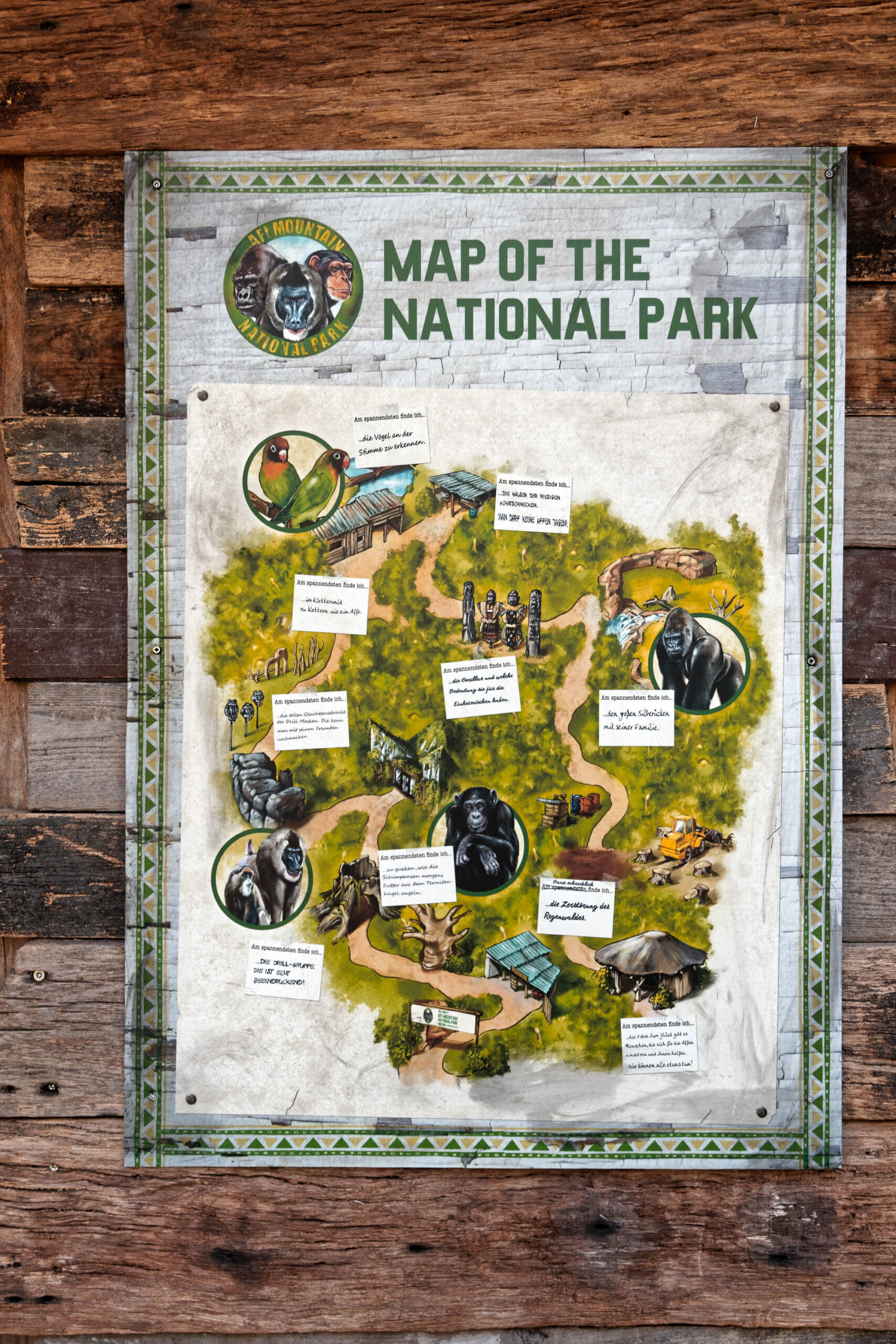 Die Fotografie zeigt eine detaillierte Karte des Erlebniszoo Hannover, die an einer rustikalen Holzverkleidung angebracht ist. Die Karte ist in einem stilisierten, handgezeichneten Design gehalten und zeigt die verschiedenen Bereiche des Zoos, darunter Affen- und Vogelgehege, sowie Pfade und Einrichtungen. Der Hintergrund besteht aus einer weißen Wand, die mit einer Holzverkleidung verziert ist, was dem Bild einen natürlichen und rustikalen Charakter verleiht. Die Karte selbst ist in verschiedenen Grüntönen und Brauntönen gehalten, was die natürliche Umgebung des Zoos widerspiegelt. Der Titel der Karte lautet 'MAP OF THE NATIONAL PARK' und ist in auffälligen Buchstaben dargestellt. Die Karte ist gut lesbar und zeigt die verschiedenen Attraktionen und Wege des Zoos. Die Beleuchtung ist gut, sodass alle Details der Karte und der Holzverkleidung sichtbar sind.
