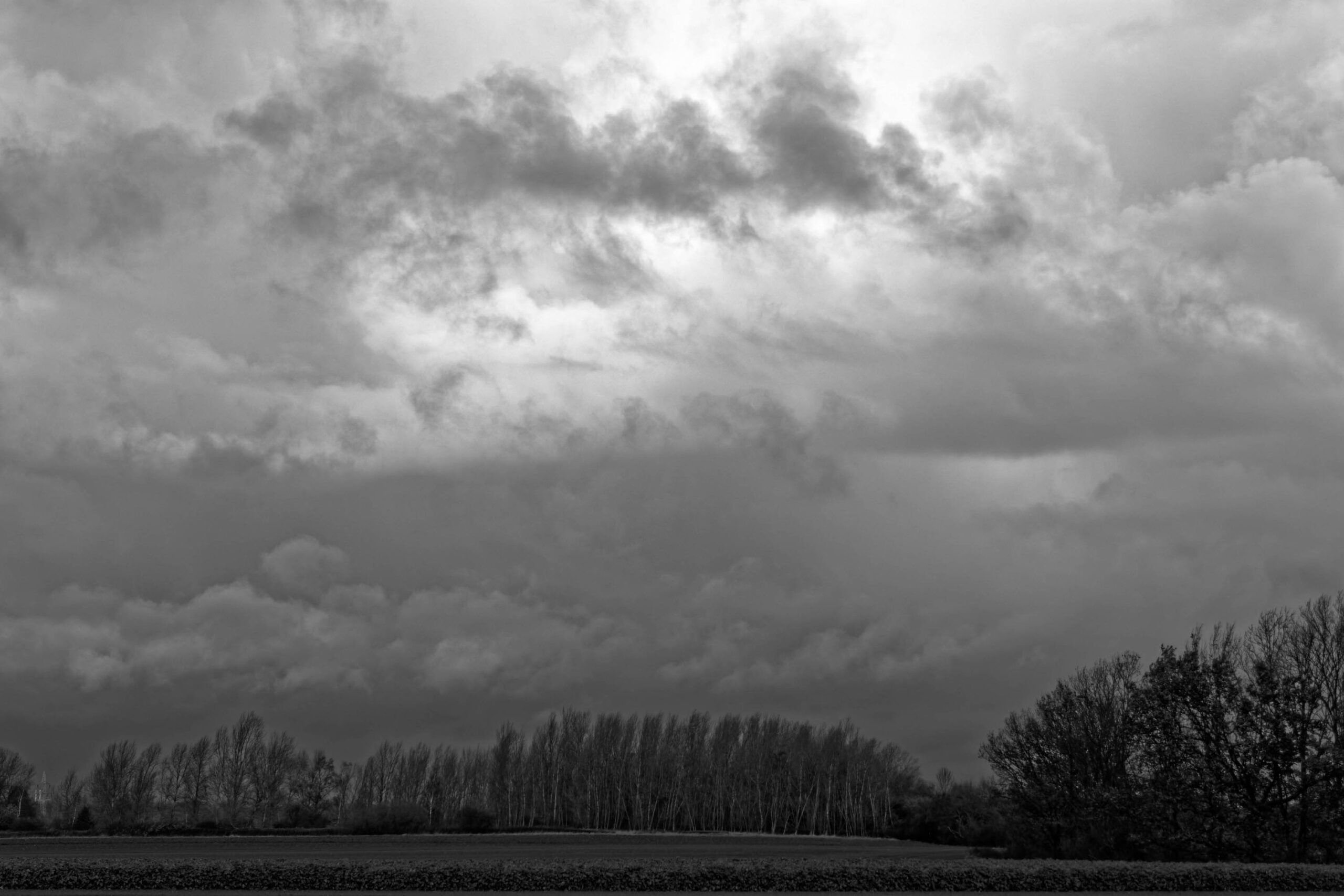 Das Foto zeigt eine düstere Landschaft in Pattensen, Calenberger Land. Ein überwiegend dunkler Himmel dominiert das Bild, der nur von vereinzelten Lichtungen durchbrochen wird. Im Vordergrund erstreckt sich ein Feld, das in einen dunklen, fast schwarzen Farbton getaucht ist. Eine Reihe von Bäumen, vermutlich Laubwälder, bilden die nächste Ebene, ihre Äste sind kahl und ragen gegen den Himmel. Die Bäume sind dicht beieinander und erzeugen eine fast undurchdringliche Wand aus dunklen Linien. Die Komposition ist einfach und betont die Weite des Himmels und die Monotonie der Landschaft. Das Schwarz-Weiß-Format verstärkt die düstere und melancholische Stimmung des Bildes.