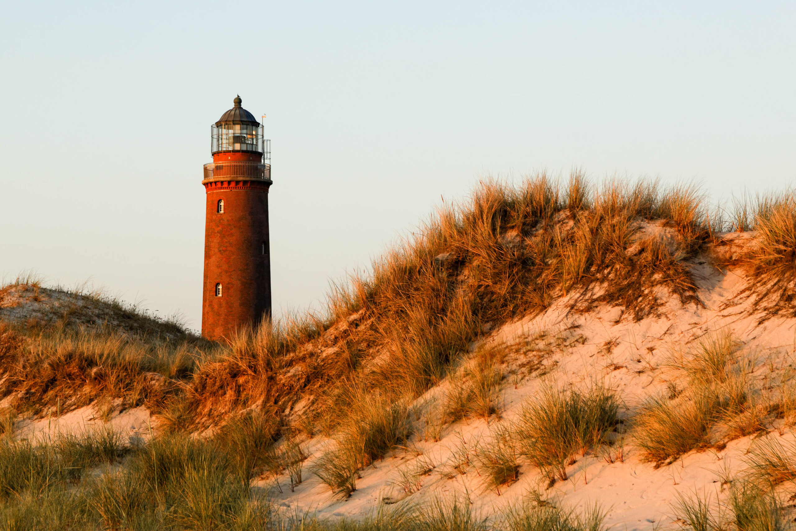 Das Bild zeigt einen Leuchtturm, der aus einem Sandhügel auf dem Darßer Weststrand herausragt. Der Himmel ist klar und hellblau, was die warme Farbe des Sandes verstärkt. Die Szene vermittelt eine friedliche und ruhige Atmosphäre. Die Beleuchtung deutet auf den Sonnenaufgang oder Sonnenuntergang hin.