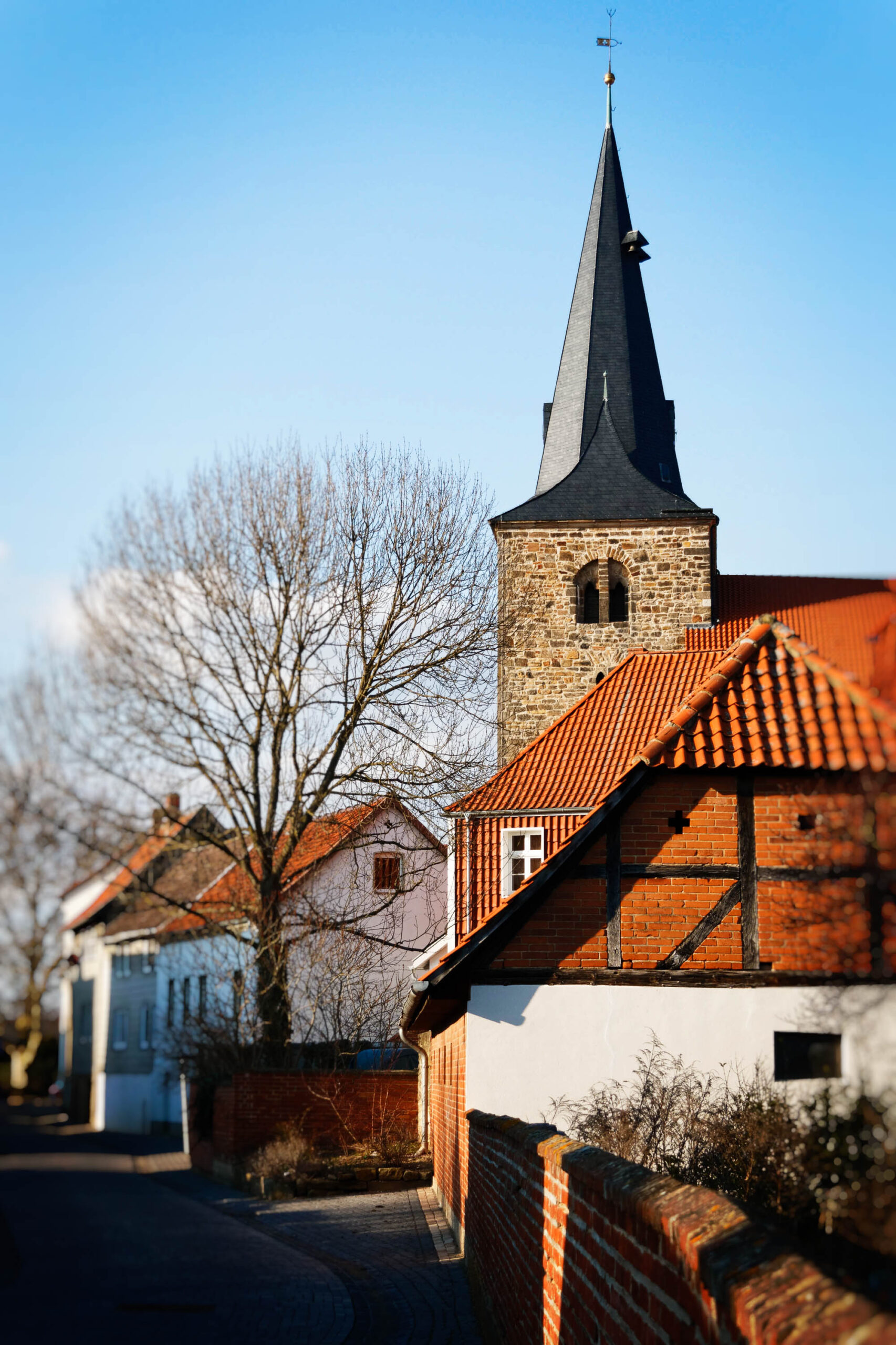Die Aufnahme zeigt eine malerische Szene aus Pattensen, einem Ort im Calenberger Land. Im Vordergrund sind Fachwerkhäuser mit roten Ziegeldächern zu sehen, die von einer niedrigen Backsteinmauer umgeben sind. Im Hintergrund dominiert der Turm der Dorfkirche, dessen gotische Architektur durch die schlichte Backsteinfassade und die spitze Turmspitze betont wird. Die Sonne scheint von der linken Seite und wirft lange Schatten, was die Szene in ein warmes Licht taucht. Die Bäume sind kahl, was auf den Winter oder den frühen Frühling hindeutet. Die Aufnahme fängt die typische Atmosphäre eines norddeutschen Dorfes ein.