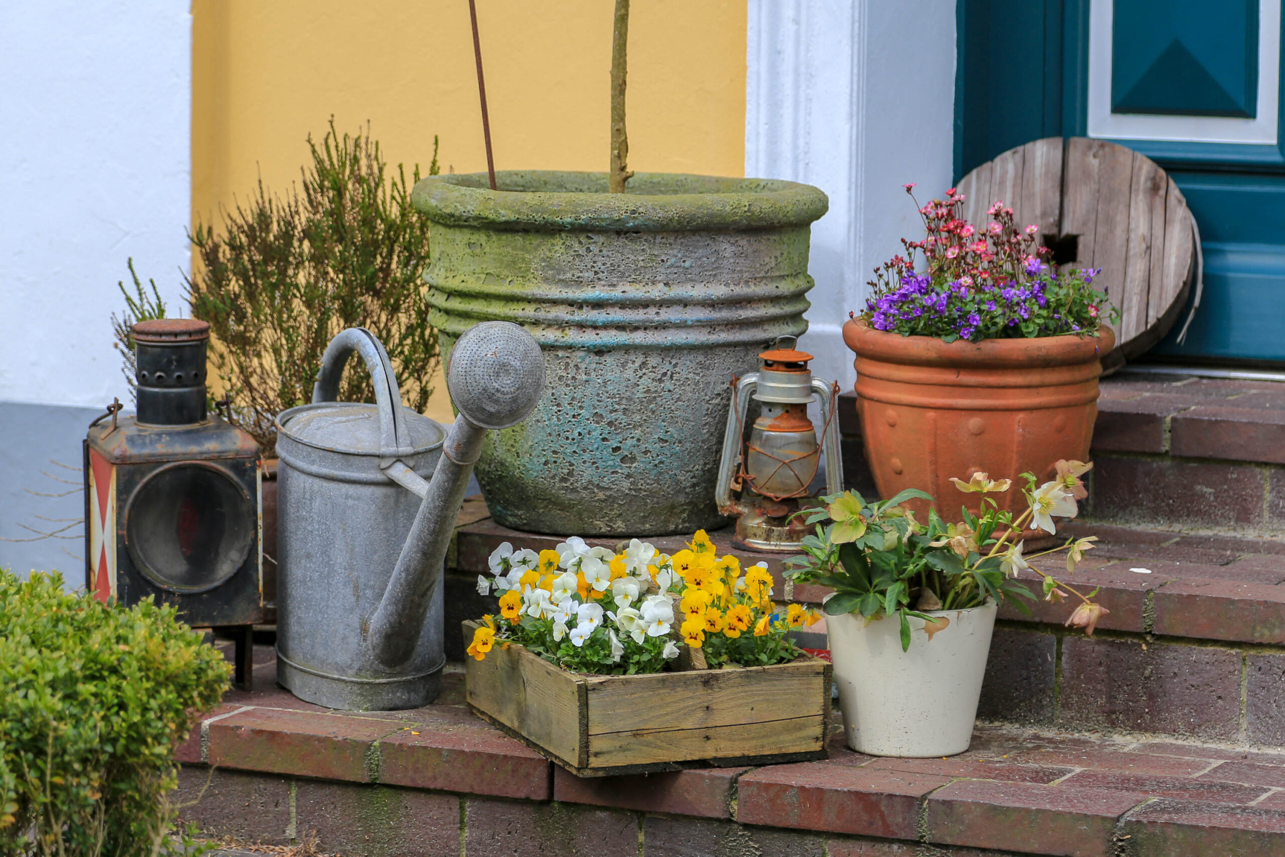 Die Aufnahme zeigt eine detailreiche Szene vor einem Haus auf der Insel Wangerooge. Die Dekoration umfasst einen alten, silberfarbenen Gießkannen, einen Holzkasten mit gelben und weißen Blüten (vermutlich Studentenblumen - *Tagetes*), einen Terrakotta-Topf mit Blumen und einen weißen Eimer mit Pflanzen. Im Hintergrund sind ein alter Kamin, ein großer Blumentopf, ein Weinfass und eine Laterne zu sehen. Die Szene vermittelt einen Eindruck von rustikalem Charme und nordsee-typischer Atmosphäre.
