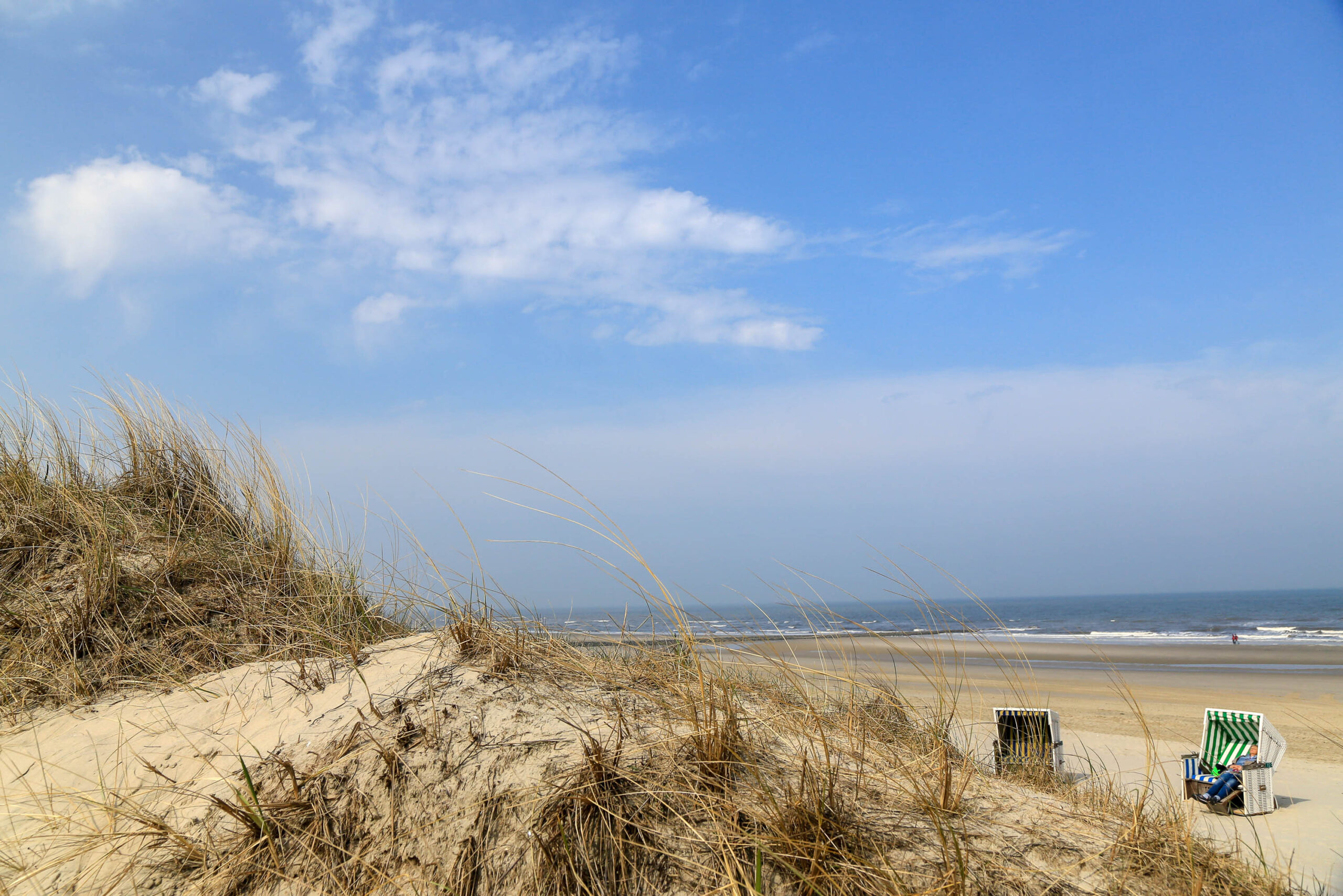 Die Aufnahme zeigt eine typische Nordseeküste auf der Insel Wangerooge. Die goldenen Dünen dominieren den Vordergrund und sind mit Gras bewachsen. Im Hintergrund erstreckt sich ein breiter Sandstrand, der bis zum Horizont reicht, wo er in das graue Nordsee-Meer übergeht. Mehrere Strandkörbe stehen auf dem Strand und bieten einen Einblick in die entspannte Atmosphäre des Ortes. Der Himmel ist blau mit vereinzelten weißen Wolken, was auf einen sonnigen Tag hindeutet. Die Szene vermittelt ein Gefühl von Ruhe und Erholung.