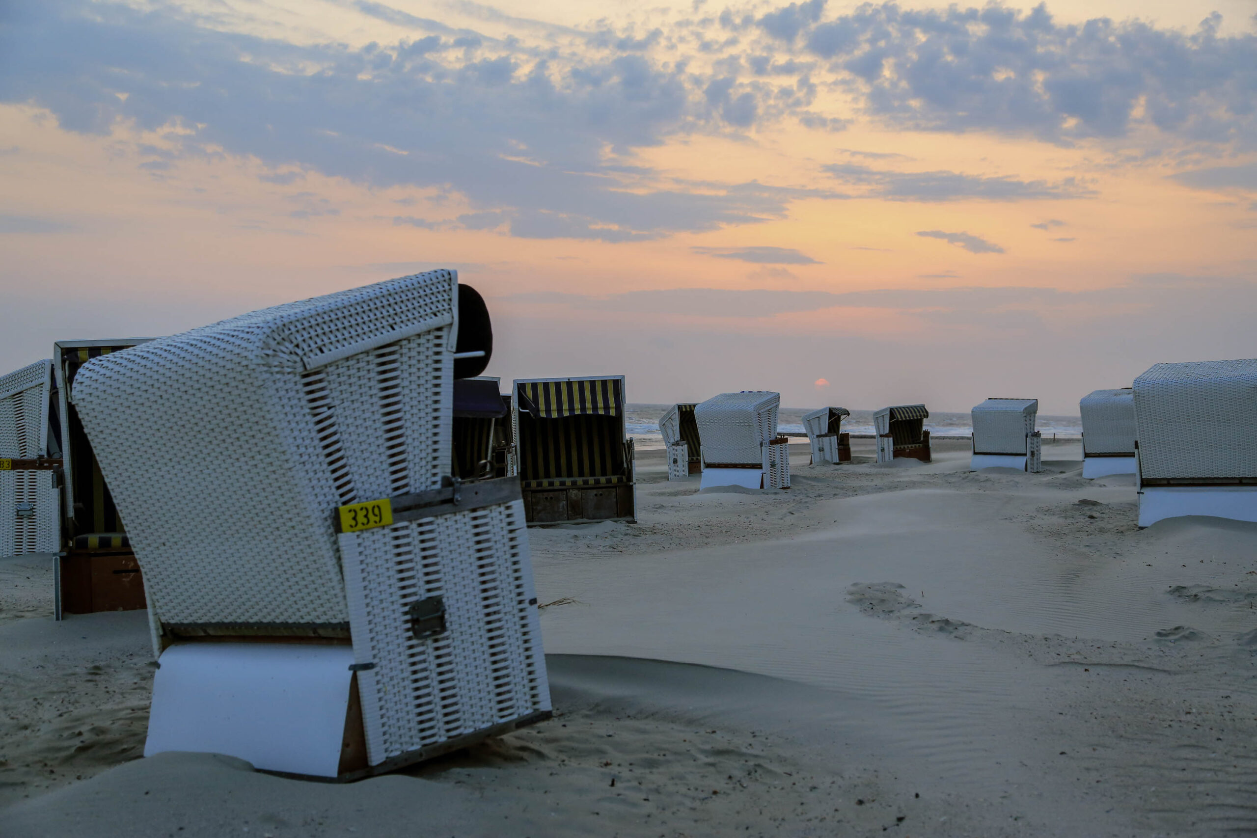 Das Bild zeigt eine Reihe von weißen Strandkörben, die in einer geraden Linie auf einem Sandstrand stehen. Die Körbe sind mit gelben Nummernschildern versehen, auf denen die Nummern 339 und weitere erkennbar sind. Der Sand ist hell und reflektiert das schwache Licht des Sonnenuntergangs. Der Himmel ist in sanften Orange- und Rosatönen gehalten, mit vereinzelten Wolken. Die Szene vermittelt eine ruhige und friedliche Atmosphäre. Die Perspektive ist von unten, was die Größe der Strandkörbe betont. Die Körbe sind alle in die gleiche Richtung ausgerichtet, was eine gewisse Ordnung und Symmetrie schafft. Die Szene ist typisch für die Nordseeküste, insbesondere für die Insel Wangerooge.