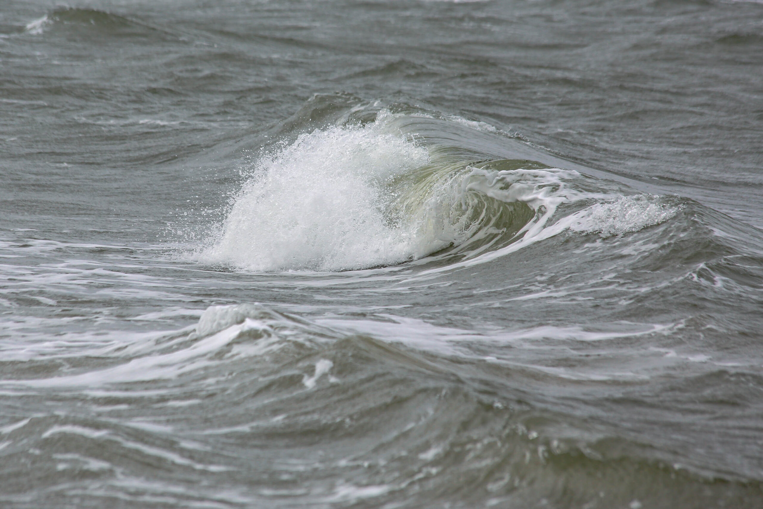 Die Aufnahme zeigt eine Nahaufnahme einer Welle, die auf das Meer trifft. Das Wasser ist dunkelgrün und leicht trüb. Die Welle selbst ist in Bewegung und wirbelt Gischt auf. Die Aufnahme ist in einem leicht unscharfen Zustand, was die Bewegung des Wassers betont. Der Himmel ist nicht sichtbar, was den Fokus auf das Meer lenkt.