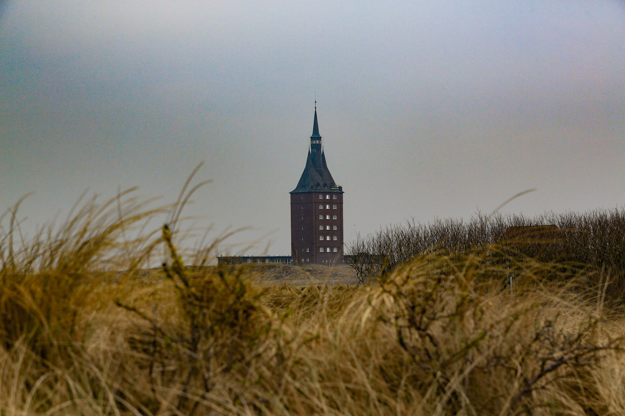 Das Foto zeigt den Leuchtturm von Wangerooge, aufgenommen aus einer niedrigen Perspektive durch hohes, trockenes Gras. Der Himmel ist bedeckt und erzeugt eine düstere Stimmung. Der Leuchtturm ist das Hauptaugenmerk des Fotos und ragt in den Himmel. Die Farben sind gedämpft und erzeugen eine ruhige und friedliche Atmosphäre.