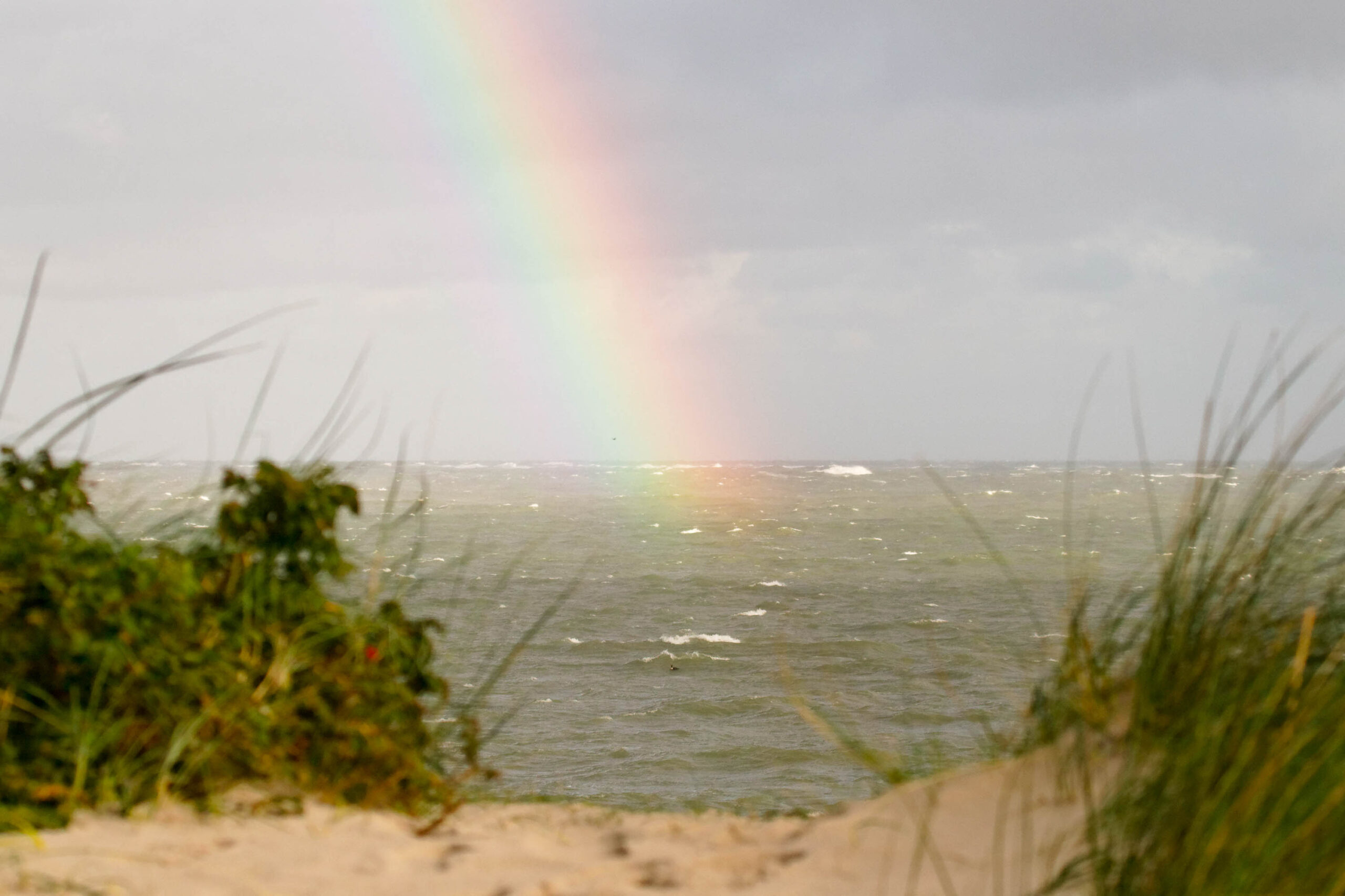Die Aufnahme zeigt eine Küstenlandschaft, vermutlich auf Helgoland, im Oktober 2011. Der Fokus liegt auf dem Meer, das sich in leichtem Wellengang präsentiert. Ein deutlicher Regenbogen spannt sich über den Himmel. Im Vordergrund befindet sich ein Strand, der von typischer Küstenvegetation, wie Gräsern und Sträuchern, umgeben ist. Die Farben sind gedämpft, was auf das trübe Wetter hindeutet. Die Szene vermittelt eine ruhige, aber dennoch kraftvolle Atmosphäre.