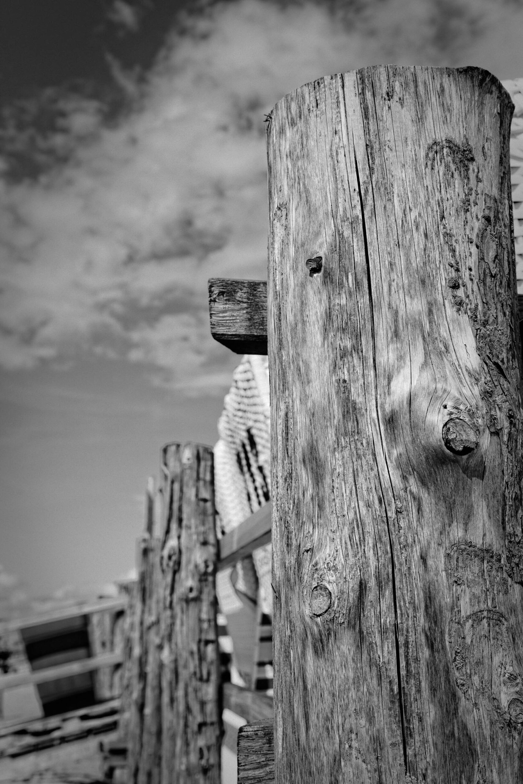 Das Foto zeigt eine Nahaufnahme von Holzpfählen, die einen Zaun oder eine Barriere bilden. Die Pfähle sind rau und zeigen deutliche Maserungen und Knoten, was auf ihr Alter und ihre natürliche Herkunft hindeutet. Im Hintergrund sind verschwommene Silhouetten von Personen und Strukturen zu erkennen, die auf eine belebte Strandumgebung hindeuten. Der Himmel ist bewölkt und trägt zur dramatischen Stimmung des Bildes bei. Die Komposition betont die Textur und die Vertikalität der Holzpfähle, während der Kontrast zwischen Licht und Schatten die Details hervorhebt.