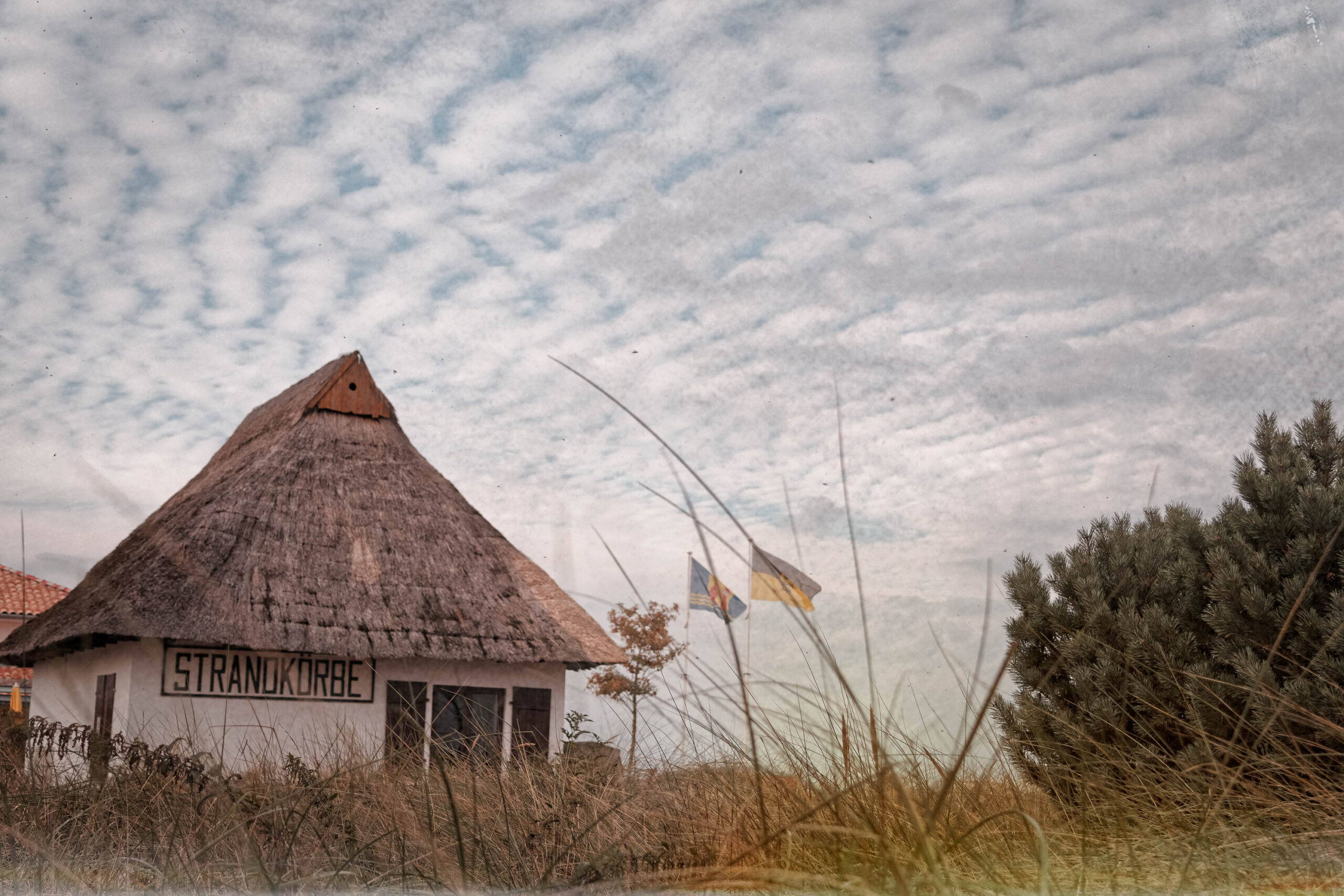 Das Bild zeigt ein traditionelles, reetgedecktes Gebäude, das vermutlich ein Strandkorbverleih oder eine ähnliche Einrichtung ist. Das Gebäude ist in einem leicht verfallenen Zustand, was ihm einen gewissen Charme verleiht. Vor dem Gebäude erstreckt sich eine Fläche mit trockenem, gelbbraunem Gras, das von einigen hohen Gräsern und Büschen durchbrochen wird. Im Hintergrund ist ein bewölkter Himmel zu sehen, der die Szene in ein gedämpftes Licht taucht. Die Architektur des Gebäudes deutet auf einen traditionellen norddeutschen Baustil hin. Die Beschilderung mit dem Schriftzug „Strandkorb“ bestätigt die Funktion des Gebäudes. Die gesamte Szene vermittelt eine ruhige und besinnliche Atmosphäre.