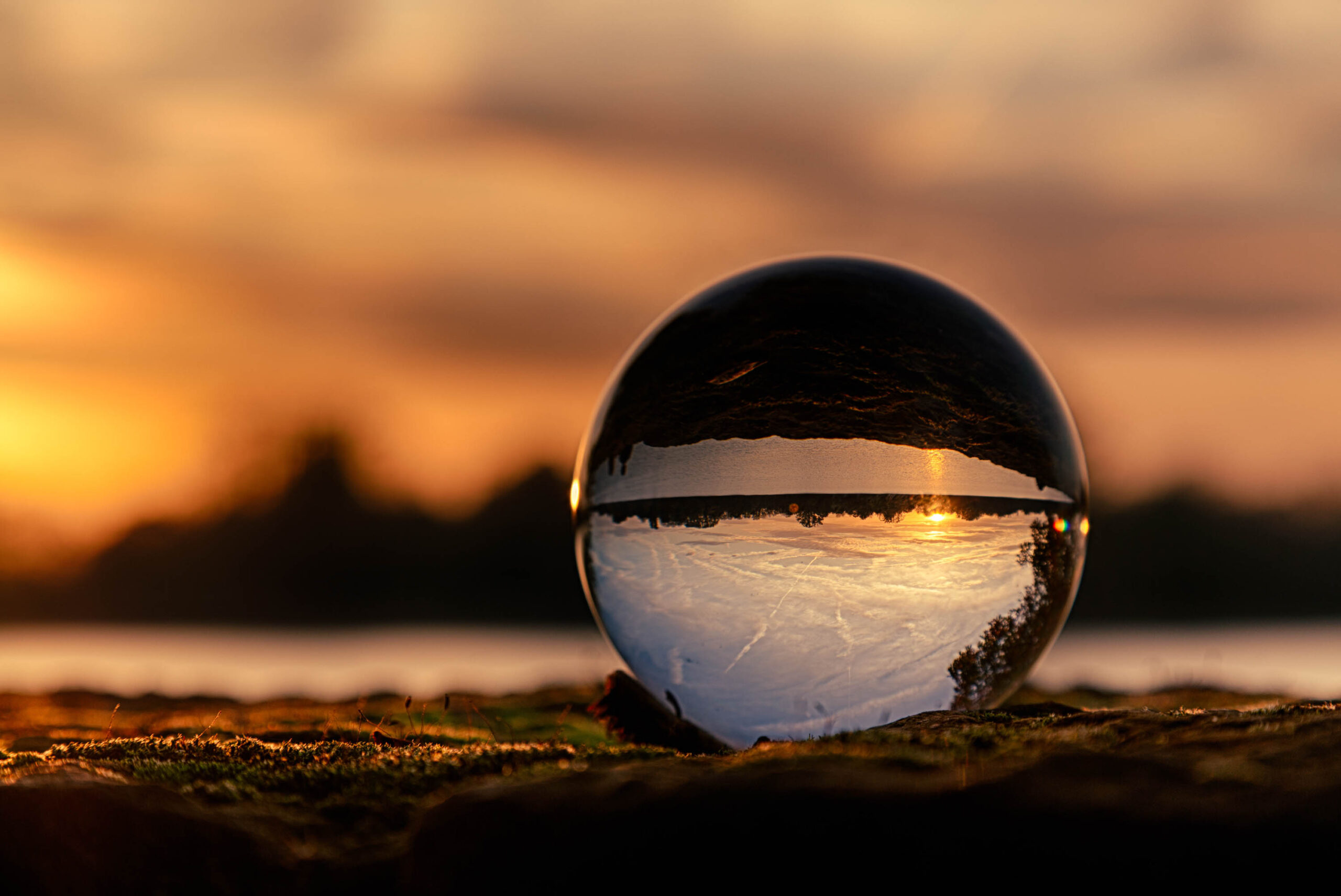 Das Bild zeigt eine Kugelreflektor, die auf einem grasbewachsenen Ufer platziert ist. Die Kugel reflektiert einen Sonnenuntergang über einem See, wobei der Himmel in warmen Orange- und Gelbtönen leuchtet. Die Silhouette von Bäumen am Horizont ist deutlich erkennbar. Das Gras im Vordergrund ist dunkel und kontrastreich, was die Reflexion in der Kugel hervorhebt. Die Szene vermittelt eine ruhige und friedliche Atmosphäre.