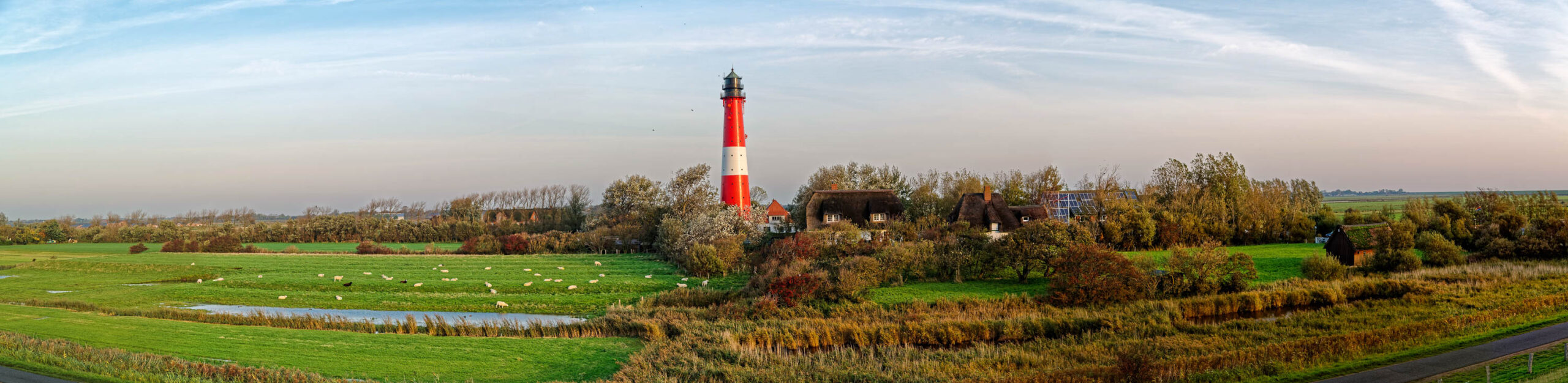 Das Bild zeigt eine weite Landschaftsaufnahme von Pellworm, einer nordfriesischen Insel in der Nordsee. Im Zentrum steht der markante, rot-weiß gestreifte Leuchtturm, der sich majestätisch in den Himmel erhebt. Um den Leuchtturm erstrecken sich grüne Wiesen, auf denen eine Herde Schafe weidet. Im Hintergrund sind einige typische nordfriesische Häuser mit Reetdächern zu sehen, die in die Landschaft integriert sind. Der Himmel ist bewölkt, aber die Sonne scheint durch die Wolken und erhellt die Szene. Die Farben sind warm und die Atmosphäre ist friedlich.