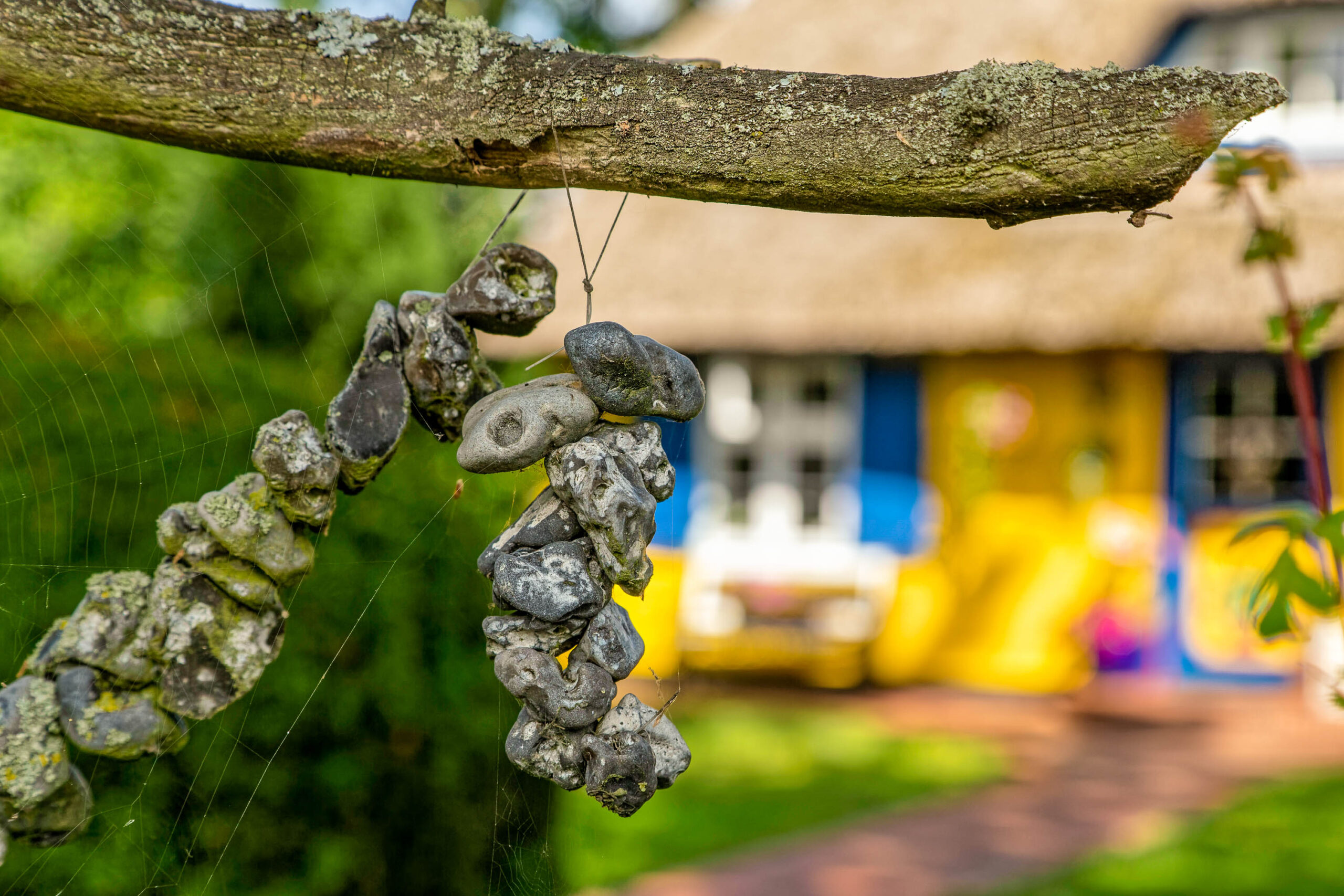 Die Aufnahme zeigt eine Nahaufnahme von zwei Ketten aus Steinen, die an einem bemoosten Ast hängen. Die Ketten bestehen aus unterschiedlich großen, grauen und dunkelgrauen Steinen. Im Hintergrund ist ein farbenfrohes Gebäude mit einem ungewöhnlichen, fast organischen Design erkennbar. Die Fassade ist in leuchtenden Farben bemalt, darunter Blau, Gelb und Grün. Spinnweben sind deutlich sichtbar und überlagern die Szene. Die Beleuchtung ist diffus, was auf einen bewölkten Tag hindeutet. Die Komposition lenkt die Aufmerksamkeit auf die Textur der Steine und die ungewöhnliche Architektur des Gebäudes. Der Fokus liegt auf den Ketten aus Steinen, während der Hintergrund leicht unscharf ist, was die Tiefe betont.