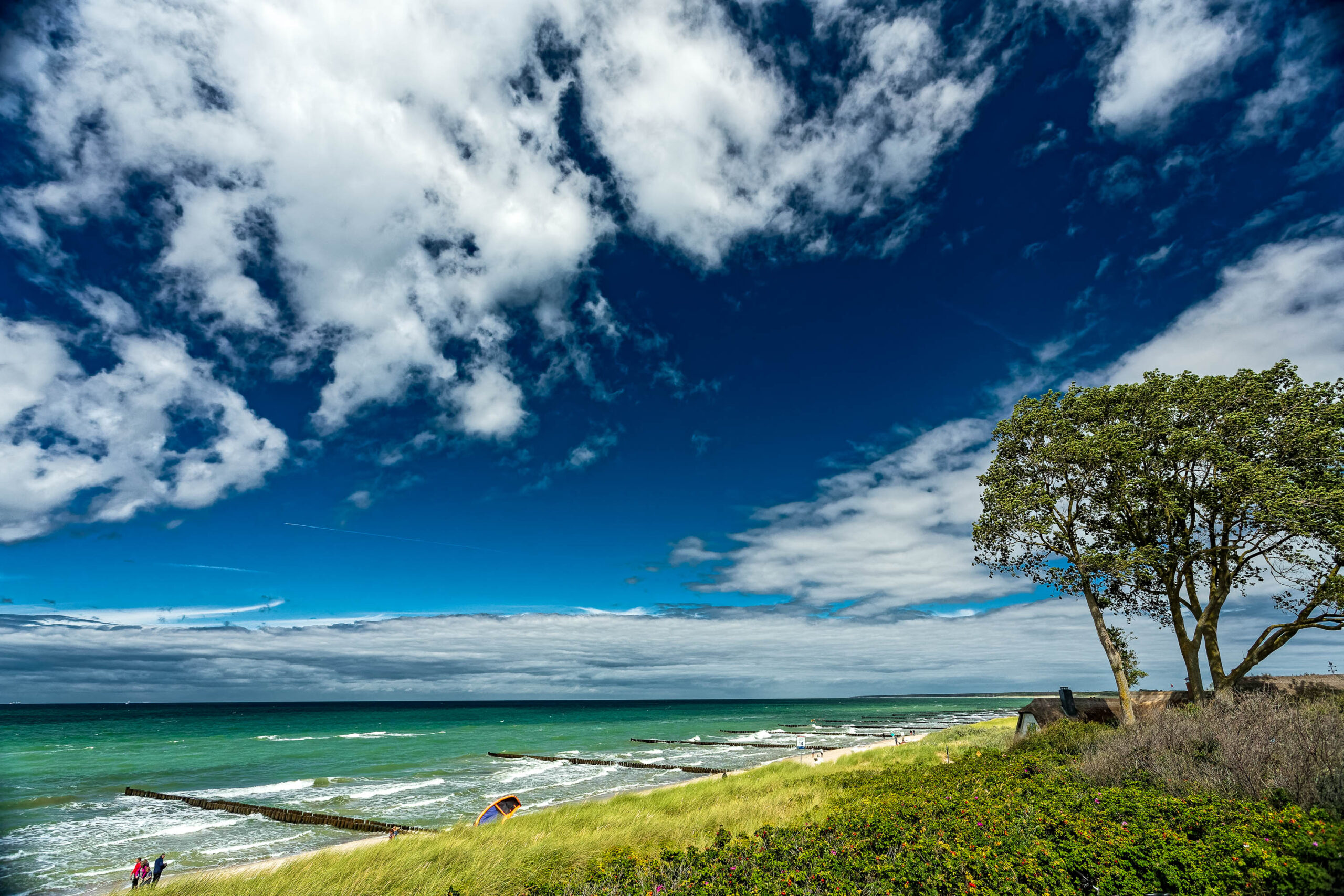 Die Aufnahme zeigt eine typische Ostseeküste, vermutlich auf Fischland-Darß-Zingst, aufgenommen im Juli 2020. Im Vordergrund erstreckt sich eine Düne, bewachsen mit Gras und einigen Bäumen. Im Hintergrund ist das grüne Ostseewasser zu sehen, das an einen Sandstrand trifft. Ein paar Personen sind am Strand zu sehen, und im linken Bildbereich ist ein Rettungsschwimmer-Pavillon erkennbar. Der Himmel ist blau und von weißen Wolken bedeckt. Die Szene vermittelt eine friedliche und natürliche Atmosphäre.