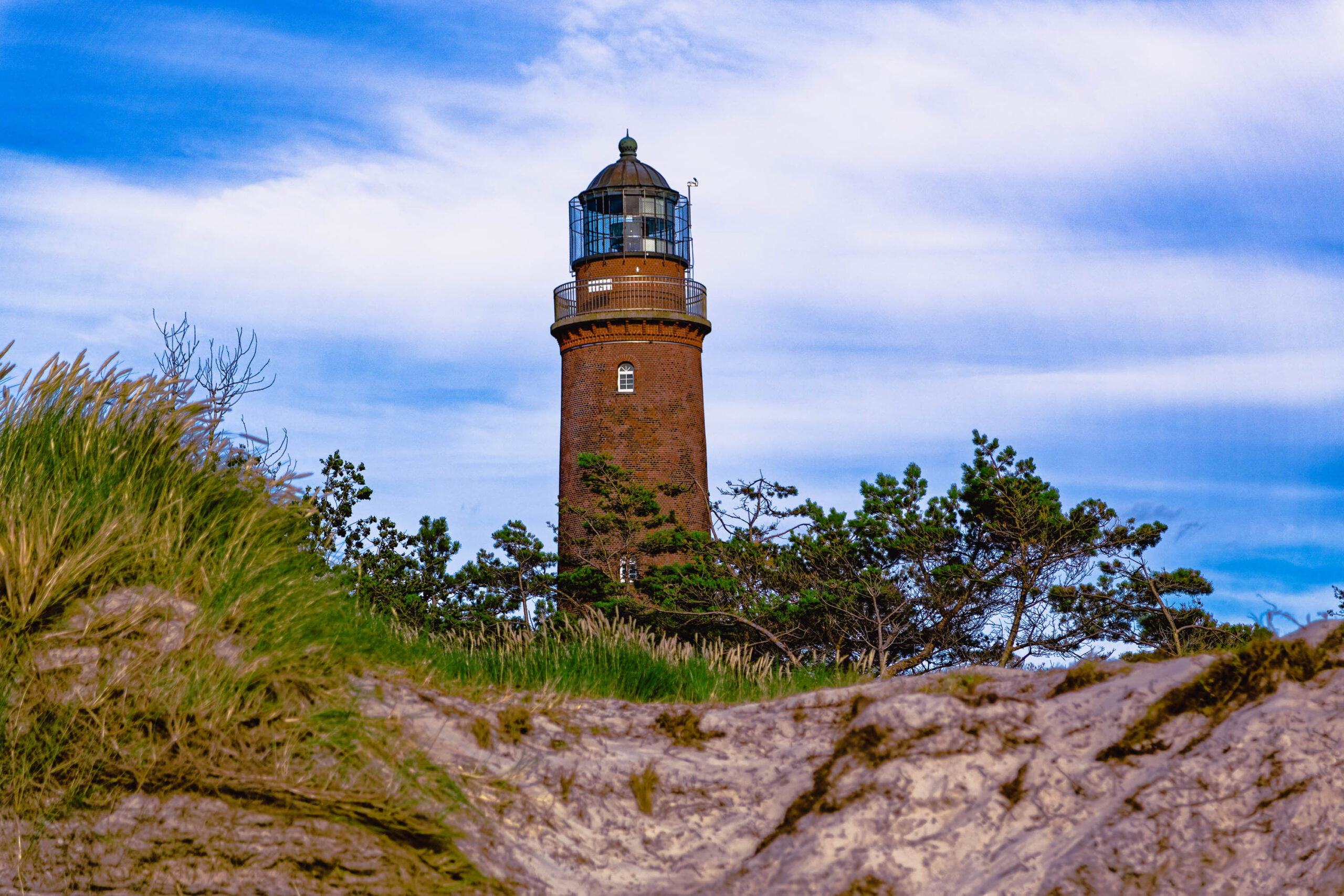 Das Bild zeigt den Leuchtturm von Darß auf Fischland-Darß-Zingst. Der Leuchtturm ist ein markantes, rot-backsteinsches Bauwerk mit einer Laterne und einer Aussichtsplattform. Er steht auf einer erhöhten Position, umgeben von typischer Küstenvegetation, darunter Dünen und Kiefern. Der Himmel ist bewölkt, was eine dramatische Lichtstimmung erzeugt. Die Farben sind intensiv und die Komposition lenkt den Blick auf den Leuchtturm als zentrales Element der Szene.