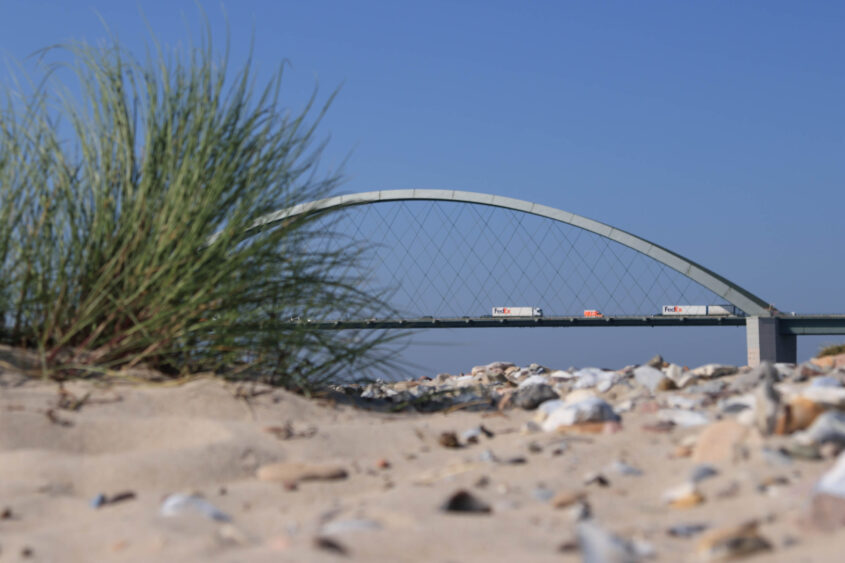 Die Aufnahme zeigt die Fehmarn Soundbrücke, die sich elegant über das Wasser spannt. Im Vordergrund befindet sich ein Busch, der die Brücke teilweise verdeckt und einen natürlichen Rahmen bildet. Der Strand im Vordergrund besteht aus Sand und Kies. Der Himmel ist klar und blau, was zu einer ruhigen und friedlichen Atmosphäre beiträgt. Die Brücke selbst ist ein beeindruckendes Beispiel moderner Ingenieurskunst, mit ihrer markanten, gebogenen Struktur. Auf der Brücke sind mehrere Lastwagen zu sehen, die den Verkehr darstellen. Die Aufnahme wurde wahrscheinlich aus einer niedrigen Perspektive aufgenommen, um die Größe und den Umfang der Brücke hervorzuheben.