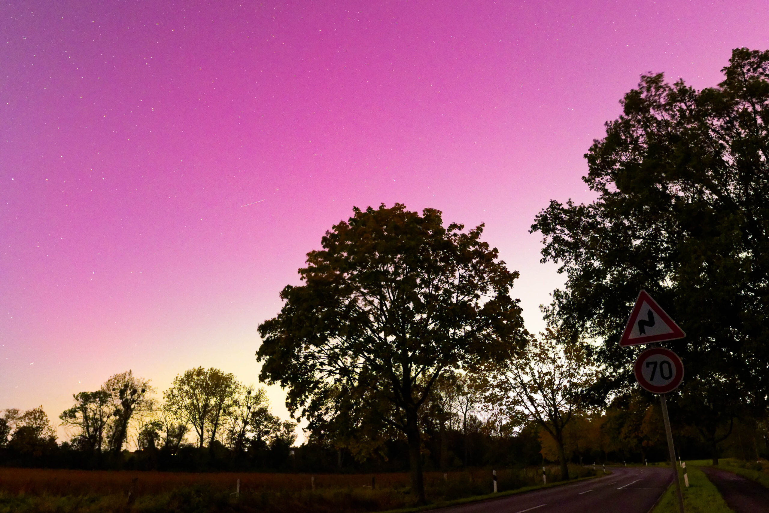 Das Foto fängt eine außergewöhnliche Szene in der Nacht ein, in der das Polarlicht den Himmel in einem leuchtenden Violett und Rosa erhellt. Die Landschaft wird von einer ländlichen Straße dominiert, die in die Ferne führt. Die Bäume stehen als dunkle Silhouetten vor dem farbenprächtigen Himmel, was eine dramatische und fast surreale Atmosphäre schafft. Ein Straßenschild und ein Geschwindigkeitslimitzeichen sind in der Szene erkennbar, was den Kontext einer ländlichen Straße verdeutlicht. Die Kombination aus dem Polarlicht und der ruhigen Landschaft erzeugt eine friedliche und gleichzeitig faszinierende Stimmung.