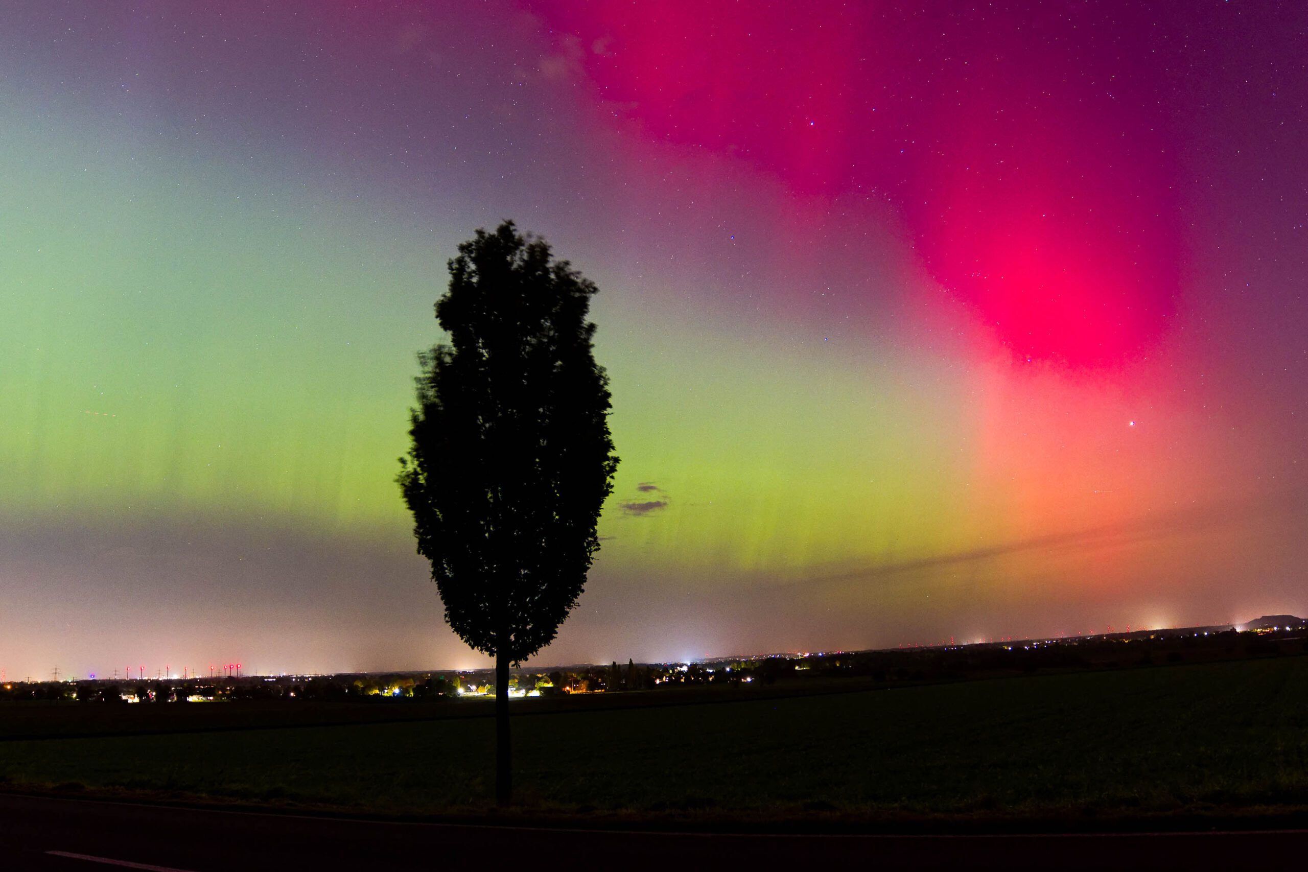 Das Foto zeigt einen einzelnen Baum, der vor einem spektakulären Himmel mit Polarlichtern steht. Der Baum ist silhouettiert und dominiert den Vordergrund. Der Himmel ist in leuchtenden Grüntönen und Rosa-Tönen gefärbt, was auf die Polarlichter hinweist. Im Hintergrund sind schwache Lichter einer Stadt oder eines Dorfes erkennbar. Die Landschaft ist flach und dunkel, was die Aufmerksamkeit auf den Himmel lenkt. Die Aufnahme wurde im Oktober 2024 in der Region Hannover aufgenommen.