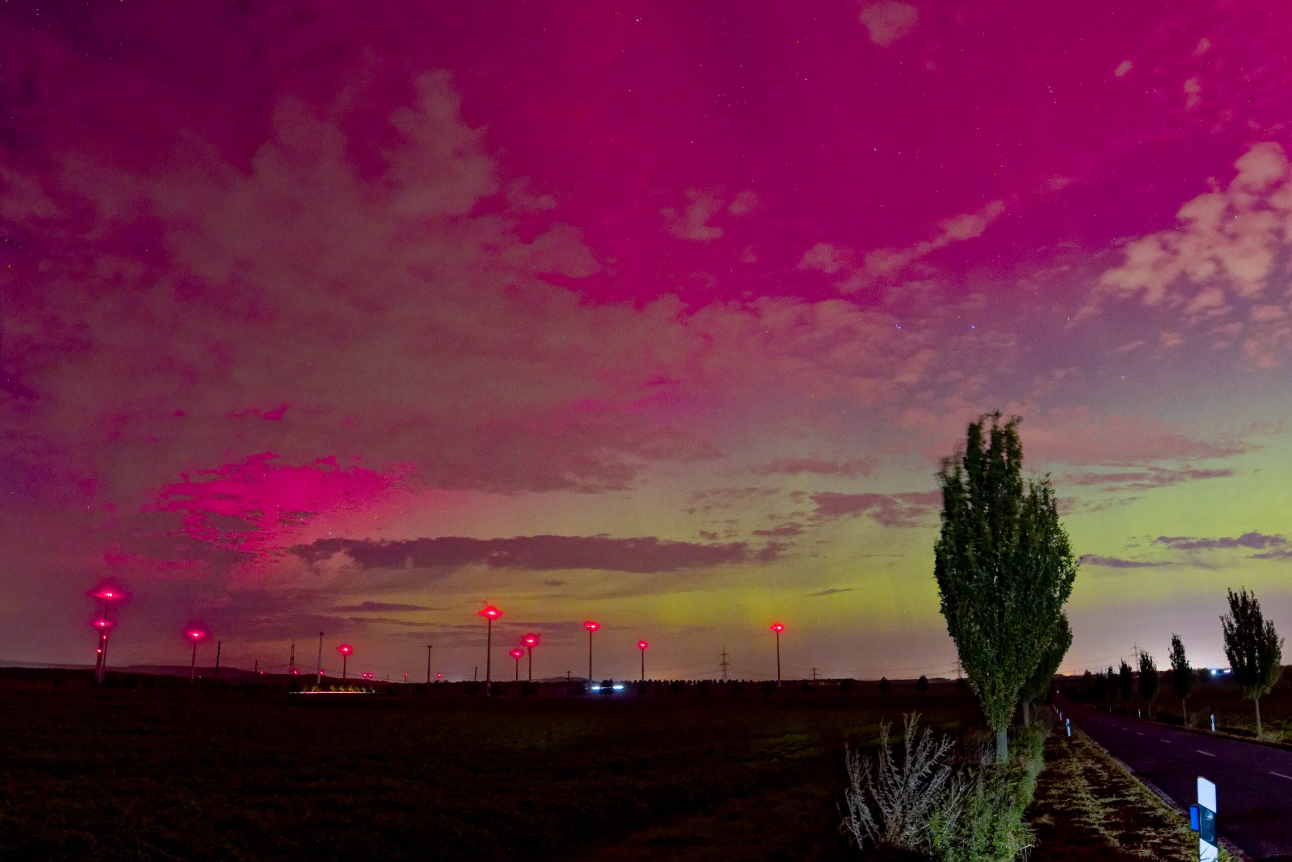 Das Foto zeigt eine nächtliche Landschaft in der Region Hannover, Deutschland, im Oktober 2024. Der Himmel ist von einem spektakulären Polarlichter in leuchtendem Grün und Rot gefärbt. Das Licht erstreckt sich über das gesamte Bild und erzeugt eine surreale Atmosphäre. Im Vordergrund befindet sich ein Feld, das von vereinzelten Büschen und einem einzelnen, hohen Baum (vermutlich eine Platane) unterbrochen wird. Im Hintergrund sind vereinzelte Straßenlaternen und ein paar Gebäude erkennbar. Der Himmel ist bewölkt, was die Farben des Polarlichts verstärkt. Die Szene vermittelt eine Mischung aus Ehrfurcht und Ruhe.