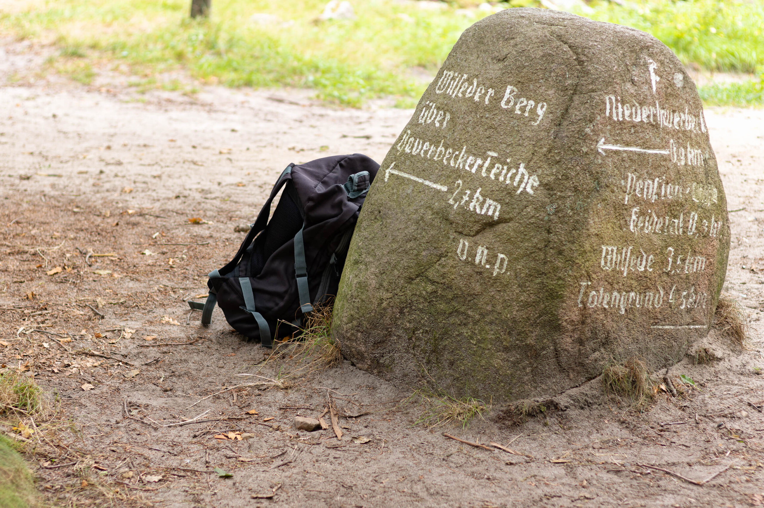 Das Bild zeigt einen Wegweiserstein in einem Waldstück, vermutlich in der Lüneburger Heide. Ein schwarzer Rucksack lehnt an dem Stein. Der Stein selbst ist grau und mit verschiedenen Entfernungen zu umliegenden Orten in der Lüneburger Heide beschriftet. Der Hintergrund besteht aus dichtem Grün, was auf eine üppige Vegetation hindeutet. Die Blütezeit der Heide ist erkennbar, was die Szene mit einem besonderen Charme versieht.