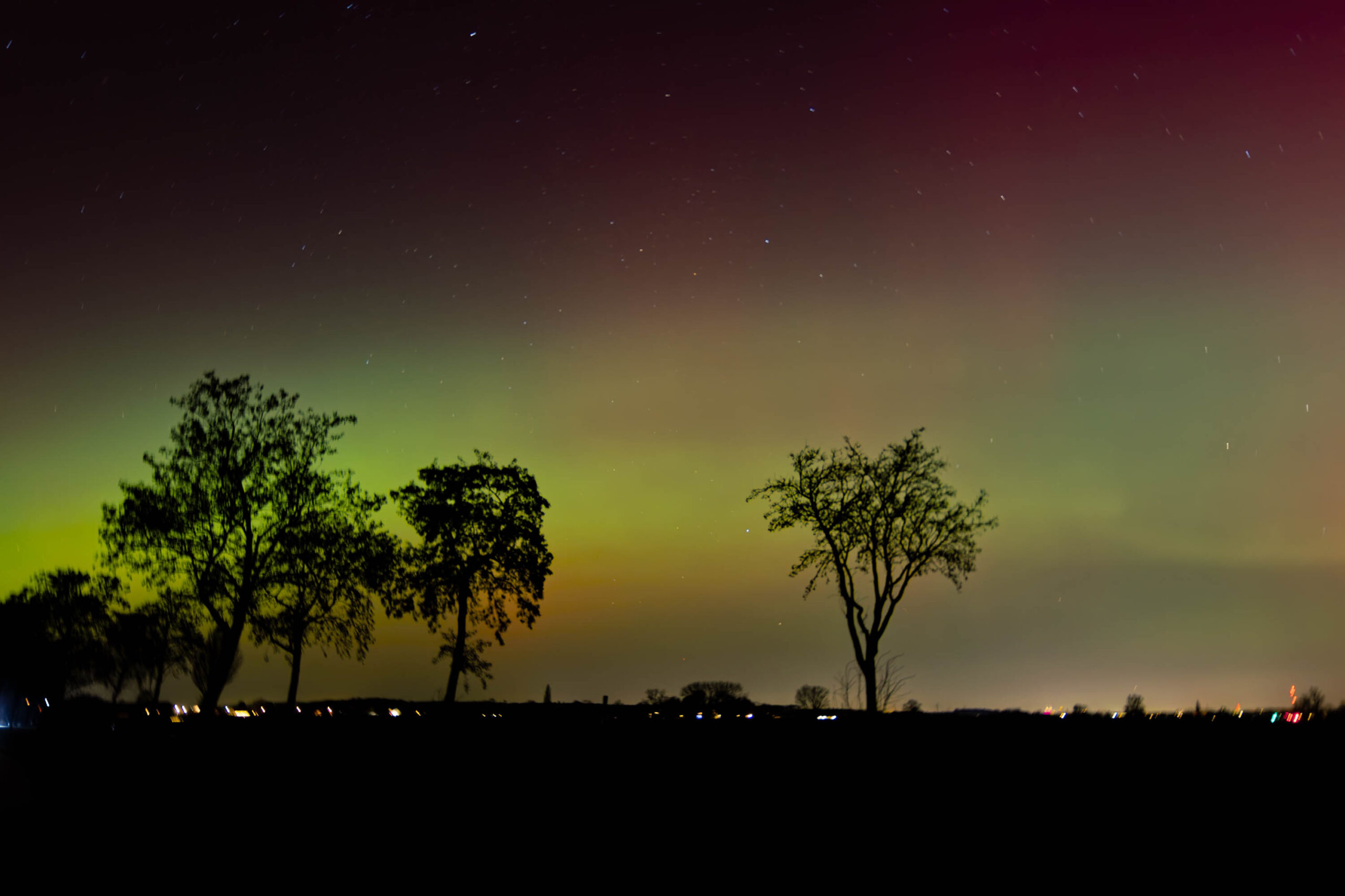 Ein atemberaubendes Foto zeigt ein leuchtendes Polarlicht, das den Himmel in ein grünes Farbenspiel taucht. Im Vordergrund silhouettieren sich Bäume und ein Horizont mit vereinzelten Lichtern, die die Weite der Landschaft unterstreichen. Ein magischer Moment der Natur.