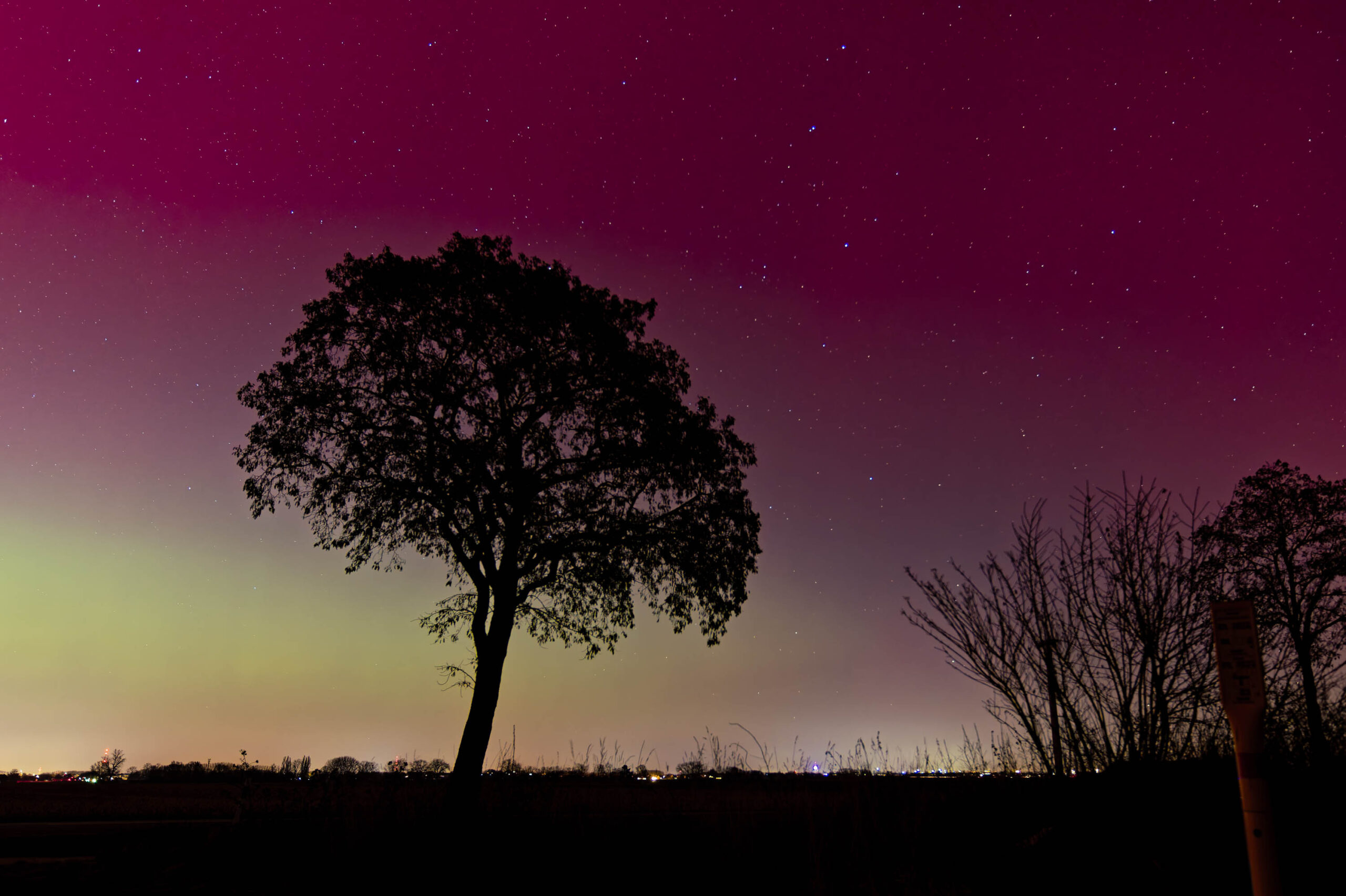 Ein atemberaubender Blick auf das Nordlicht, das über der Feldmark tanzt. Die sanften Farben des Lichts spiegeln sich im Wasser und schaffen eine magische Atmosphäre.